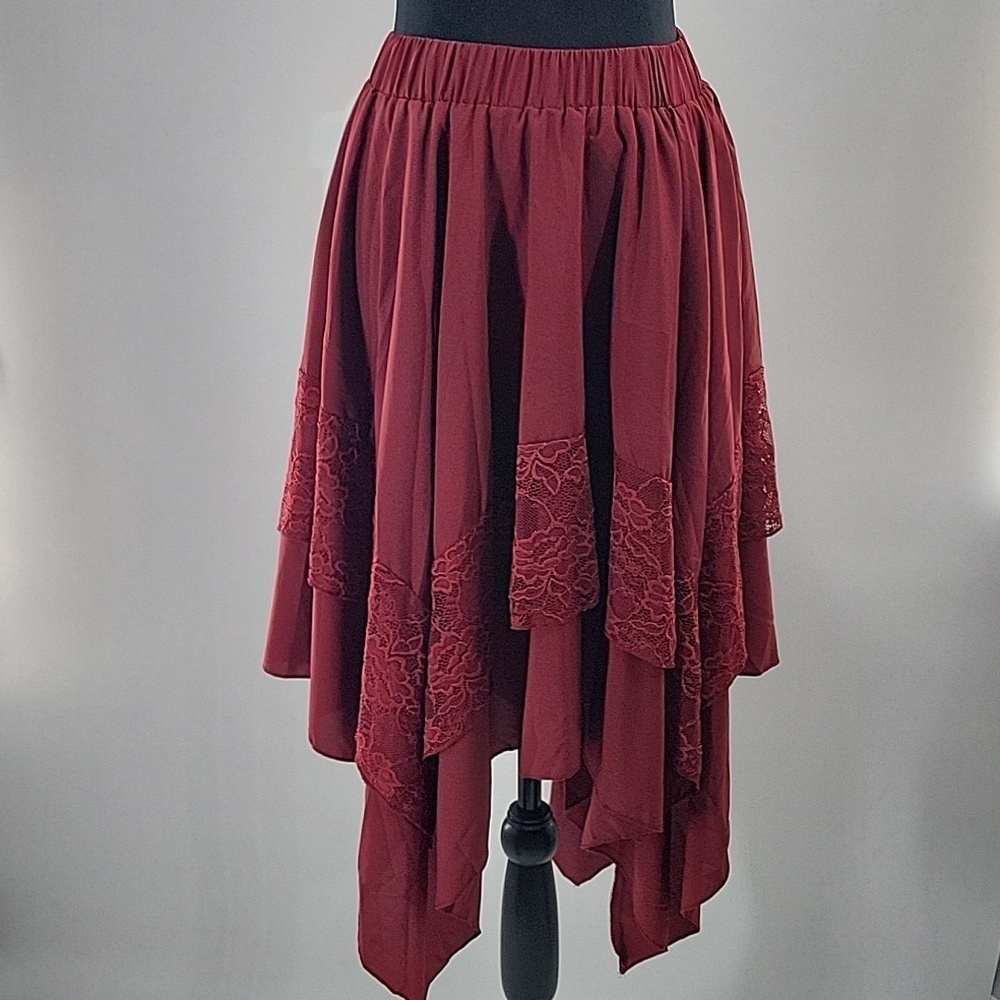 Burgundy Asymmetrical Hi Low Skirt With Lace Detail - Picture 13 of 16